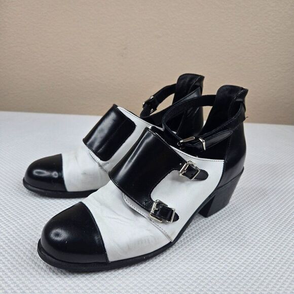 TopShop Black White Leather Heeled Shoes Double Buckles Womens Size 7 - Picture 2 of 12